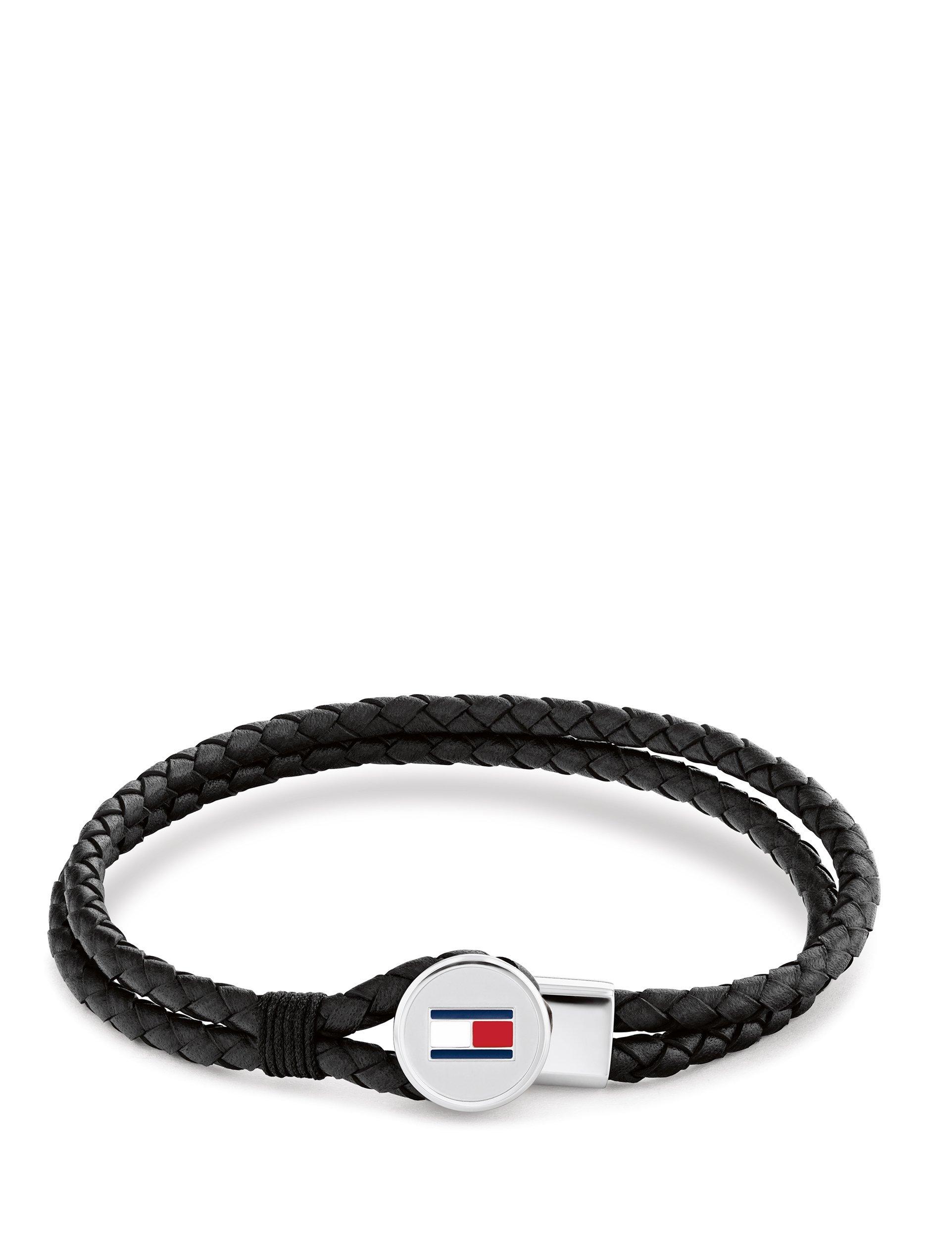 Product image 1 of 4, which shows Tommy Hilfiger Leather Double Braided Bracelet, Black/Silver