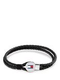 Tommy Hilfiger Leather Double Braided Bracelet, Black/Silver