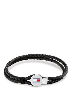 Tommy Hilfiger Leather Double Braided Bracelet, Black/Silver, Silver