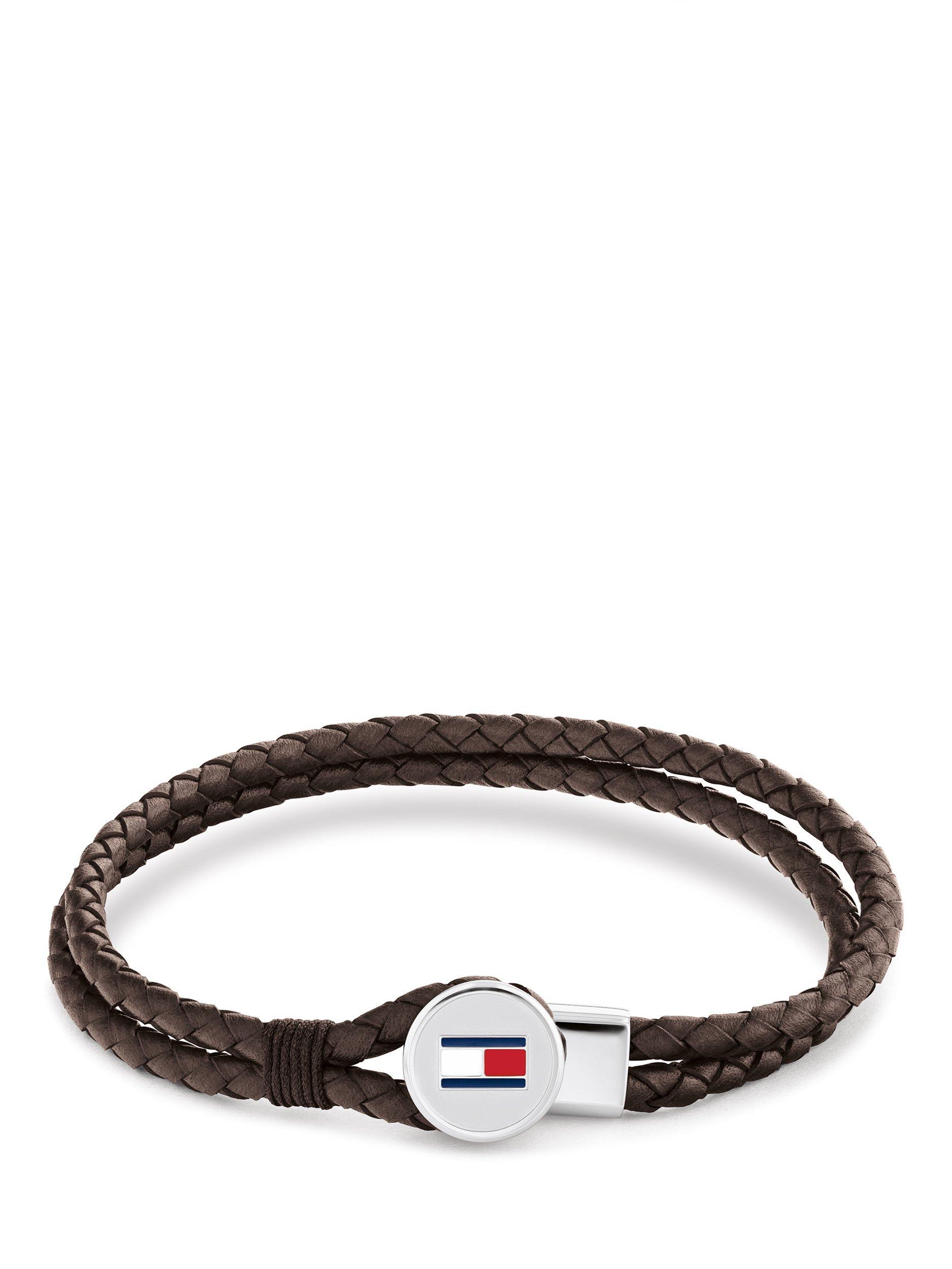 Product image 1 of 4, which shows Tommy Hilfiger Leather Double Braided Bracelet, Brown/Silver