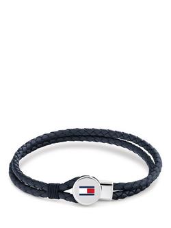 Tommy Hilfiger Leather Double Braided Bracelet, Navy/Silver, Black