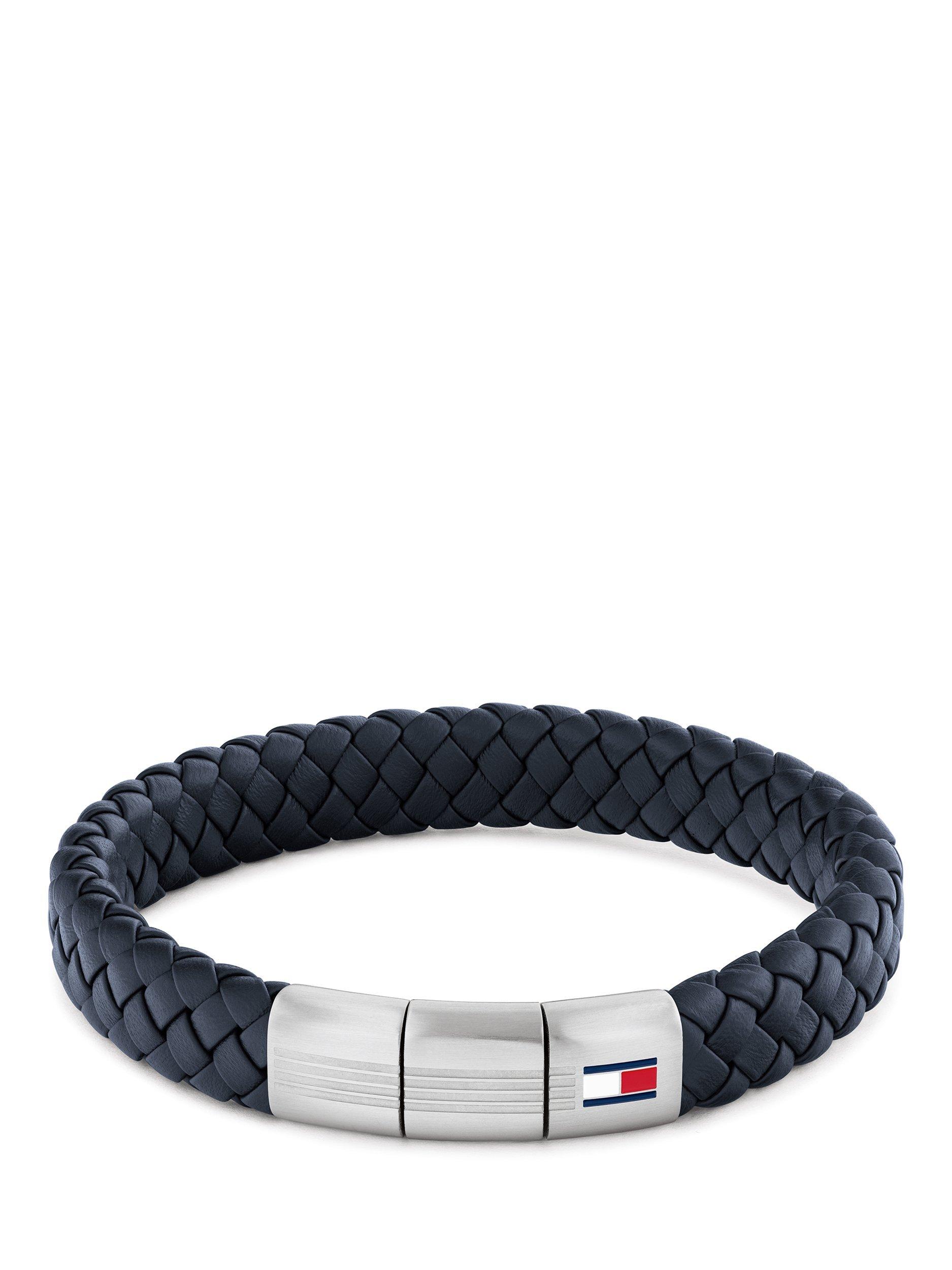 Product image 1 of 4, which shows Tommy Hilfiger Leather Braided Bracelet, Black/Silver