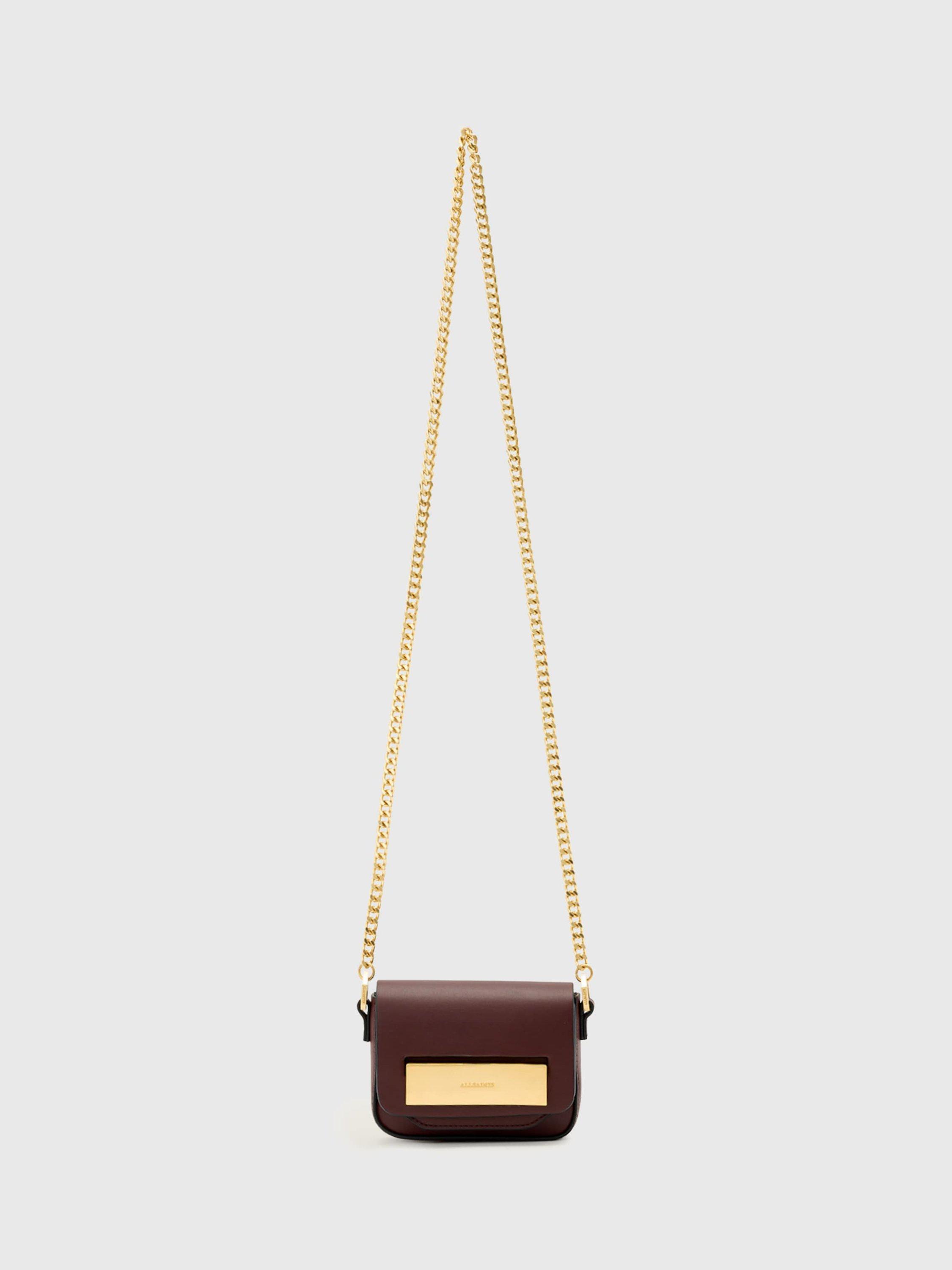 Product image 1 of 5, which shows AllSaints Etta Chain Leather Crossbody Bag, Dark Red