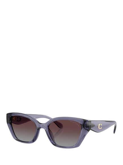 Coach HC8434 Women's Polarised Irregular Sunglasses, Transparent Violet/Violet Gradient, Transparent Violet/Violet Gradient