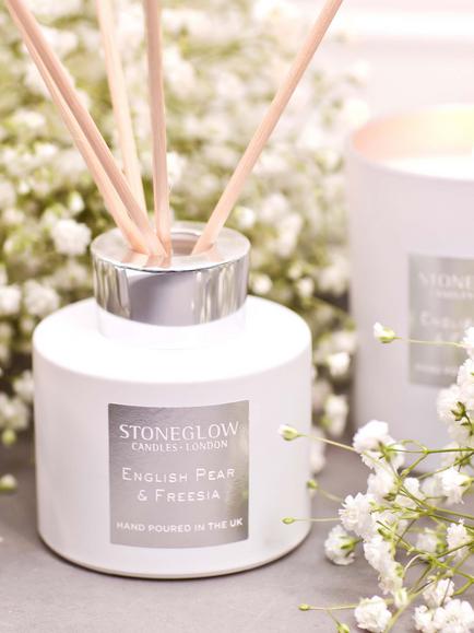 Stoneglow Luna English Pear & Freesia Reed Diffuser, 120ml - view 2, White & Silver