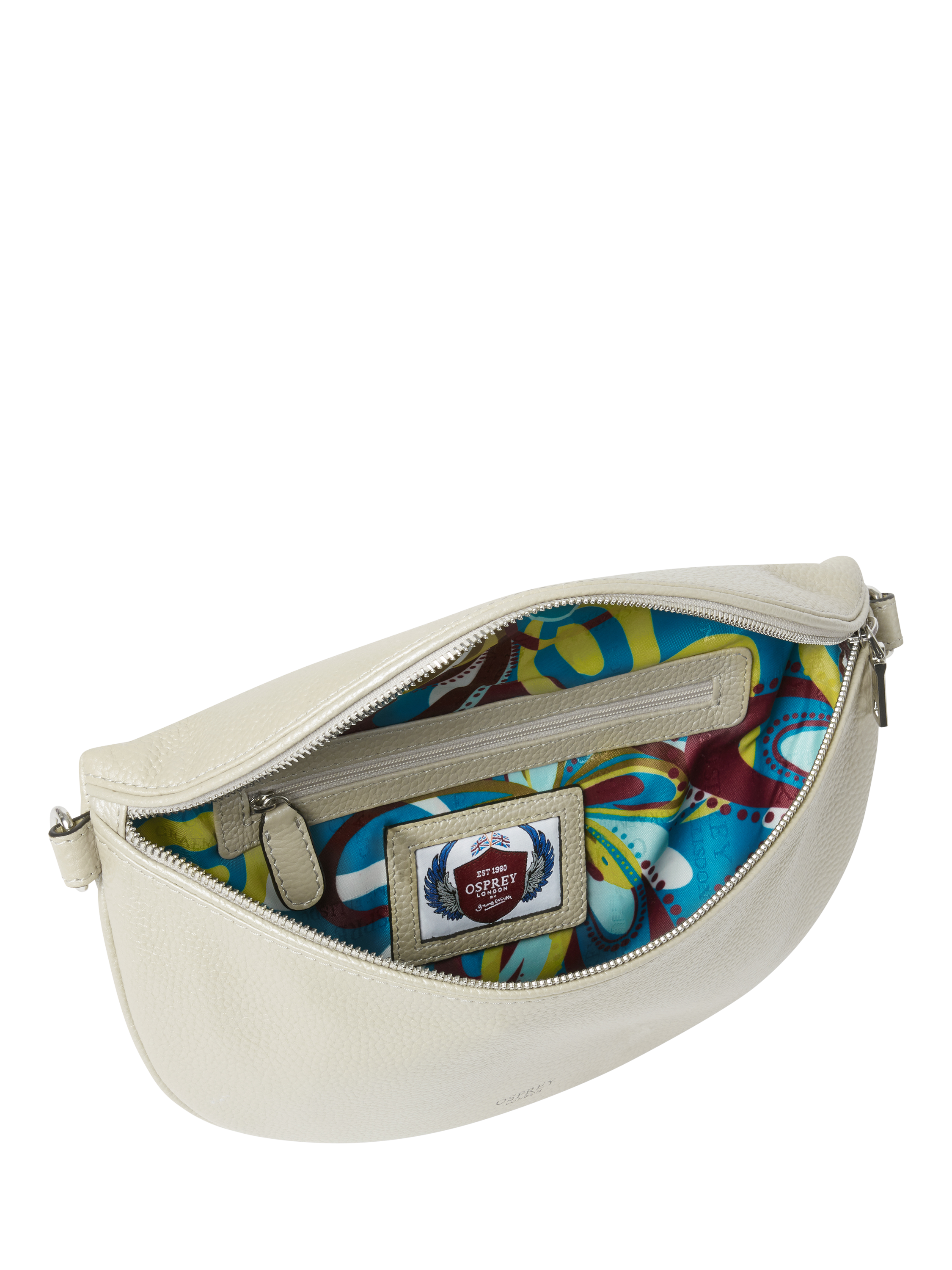 Product image 5 of 5, which shows OSPREY LONDON Hendrix Leather Sling Bag, Metallic Silver
