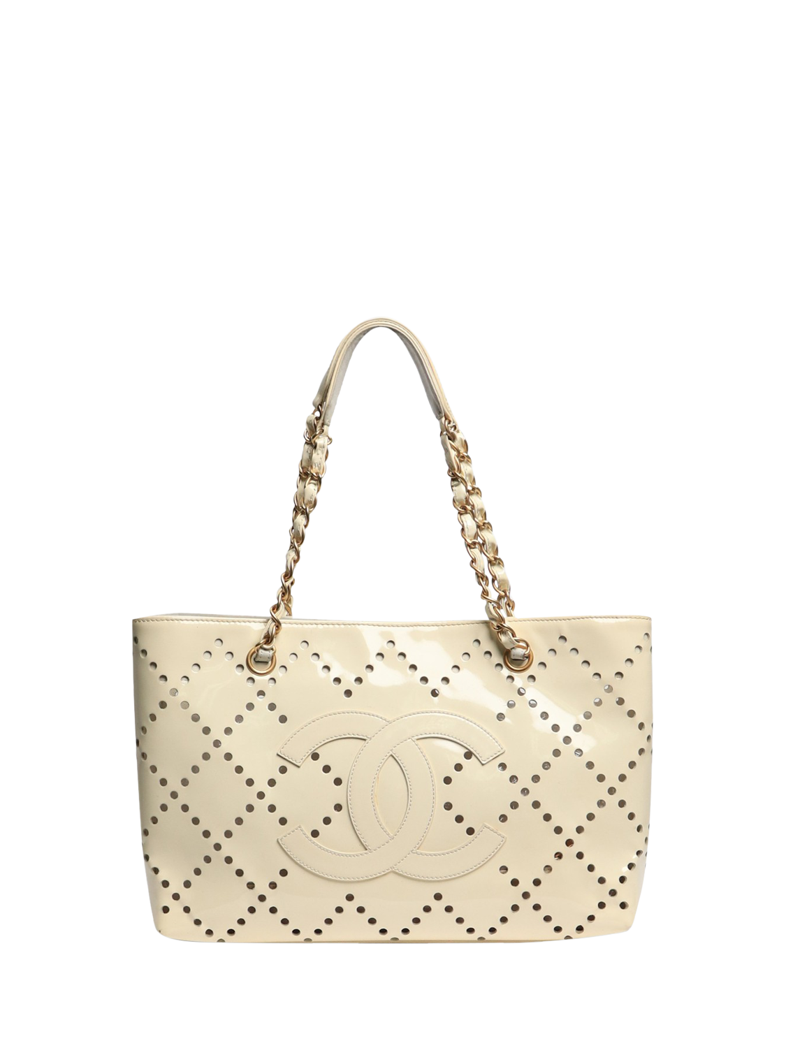 Pre-loved CHANEL Vintage 2003 Patent Leather Perforated CC Tote Bag, Cream
