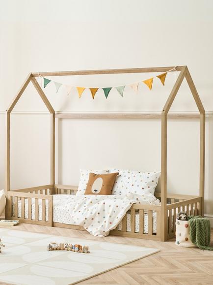 Tutti Bambini Casa Montessori Toddler House Floor Bed and Curtains, Harvest Oak - view 2, Harvest Oak