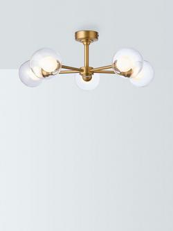 John Lewis Oliver 5 Arm Glass Globe Semi Flush Ceiling Light, Antique Brass, Antique Brass