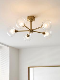 John Lewis Oliver 5 Arm Glass Globe Semi Flush Ceiling Light, Antique Brass - view 2, Antique Brass