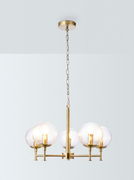John Lewis Bishop Rock 5 Arm Textured Glass Globe Pendant Ceiling Light, Antique Brass, Clear Glass