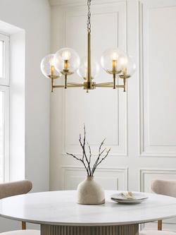 John Lewis Bishop Rock 5 Arm Textured Glass Globe Pendant Ceiling Light, Antique Brass - view 2, Clear Glass