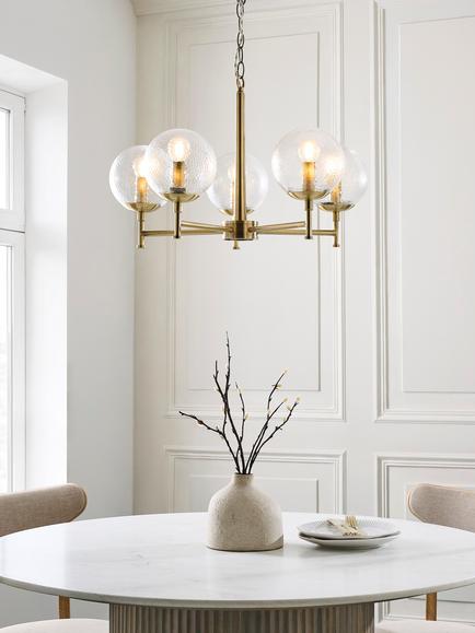 John Lewis Bishop Rock 5 Arm Textured Glass Globe Pendant Ceiling Light, Antique Brass - view 2, Clear Glass