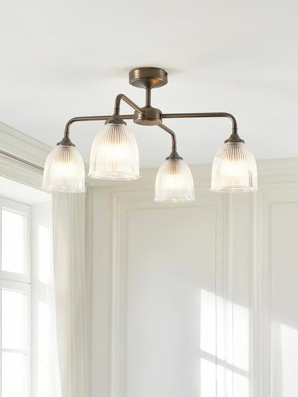John Lewis Saltern Glass 4 Arm Semi Flush Ceiling Light, Pewter - view 2, Antique Bronze
