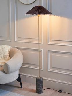 John Lewis Concert Marble Base Pleat Shade Floor Lamp, Brown - view 2, Antique Brass