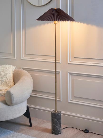 John Lewis Concert Marble Base Pleat Shade Floor Lamp, Brown - view 2, Antique Brass
