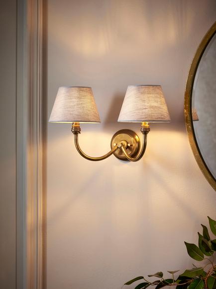 John Lewis Pompion Double Arm Wall Light Fitting, Aged Brass - view 2, Aged Brass