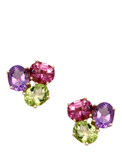 E.W Adams 9ct Yellow Gold Oval Amethyst, Peridot and Pink Tourmaline Stud Earrings, Multi