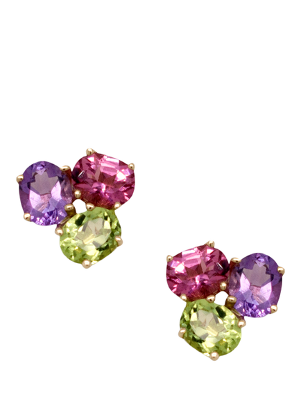 E.W Adams 9ct Yellow Gold Oval Amethyst, Peridot and Pink Tourmaline Stud Earrings, Multi