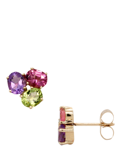 E.W Adams 9ct Yellow Gold Oval Amethyst, Peridot and Pink Tourmaline Stud Earrings - view 2, Multi
