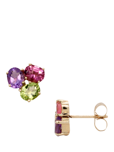 E.W Adams 9ct Yellow Gold Oval Amethyst, Peridot and Pink Tourmaline Stud Earrings - view 2, Multi
