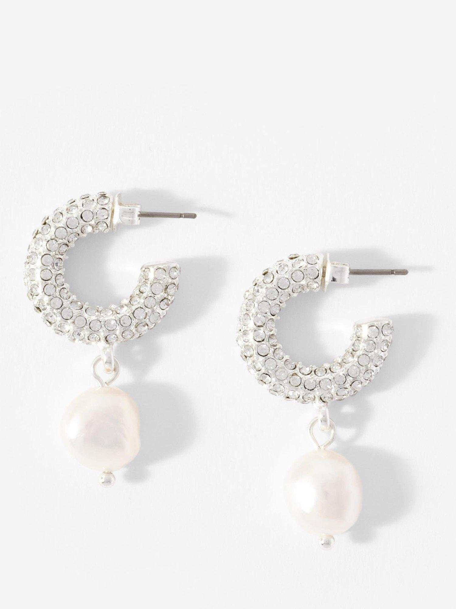 Product image 1 of 4, which shows Mint Velvet Diamante Pearl Hoop Earrings, Silver