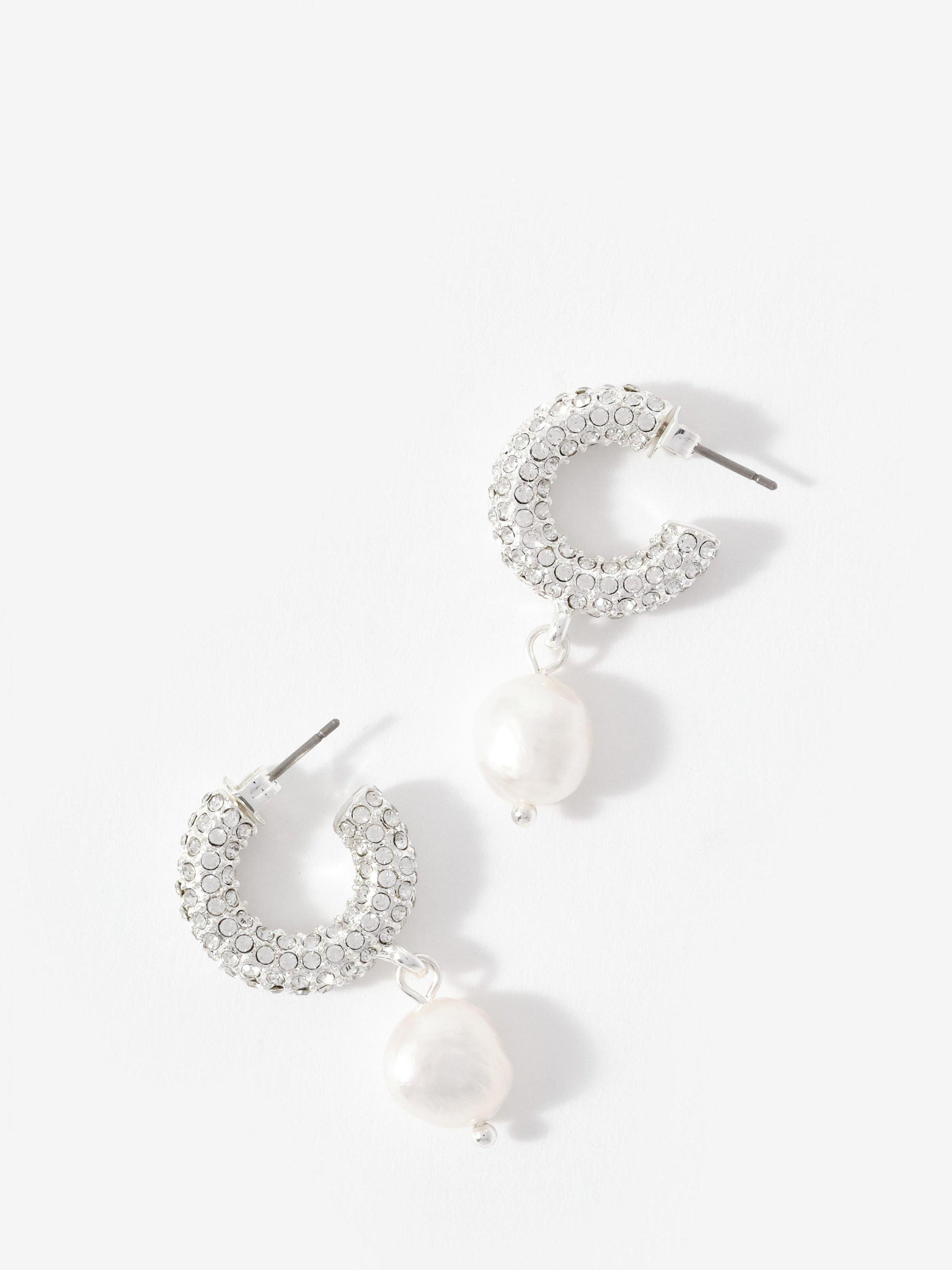 Product image 3 of 4, which shows Mint Velvet Diamante Pearl Hoop Earrings, Silver