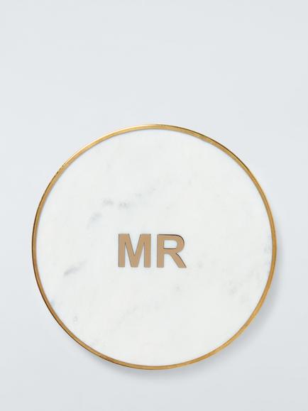 John Lewis White Marble Brass Mr Round Coaster, Natural
