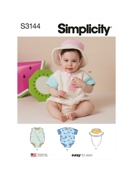 Simplicity Babies' Contrast Bodysuit and Bucket Hat Sewing Pattern, S3144, A