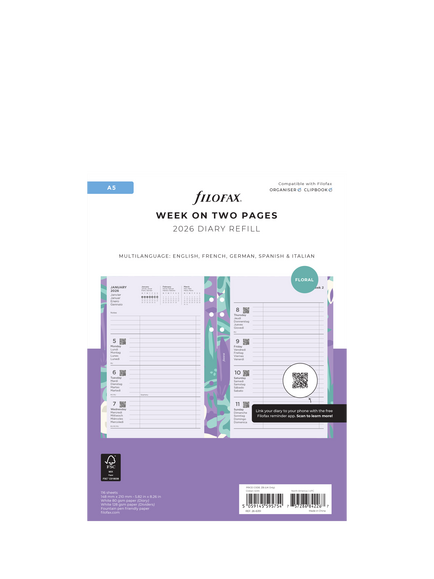 Filofax A5 Floral Week to View 2026 Personal Organiser Insert, White, White