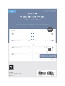 Filofax A5 Minimal Week to View 2026 Personal Organiser Insert, White, White