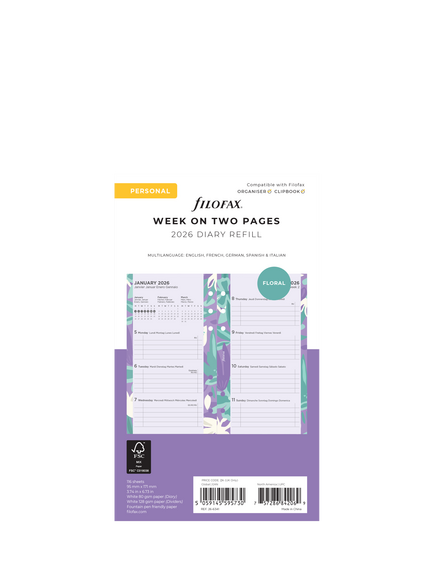 Filofax Personal Floral Week to View 2026 Personal Organiser Insert, White, White