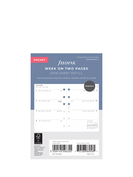 Filofax Pocket Minimal Week to View 2026 Personal Organiser Insert, White, White