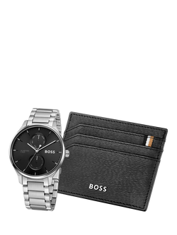HUGO BOSS 1570193 Men's Tyler Bracelet Watch and Card Holder Gift Set, Silver, Silver