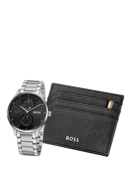 HUGO BOSS 1570193 Men's Tyler Bracelet Watch and Card Holder Gift Set, Silver, Silver