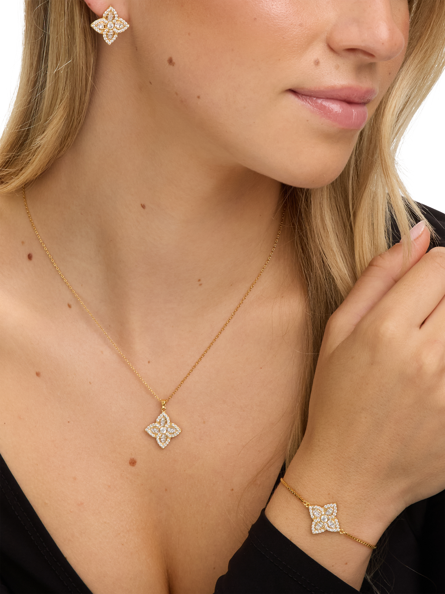 Product image 3 of 3, which shows Jon Richard Crystal Clover Earrings, Gold