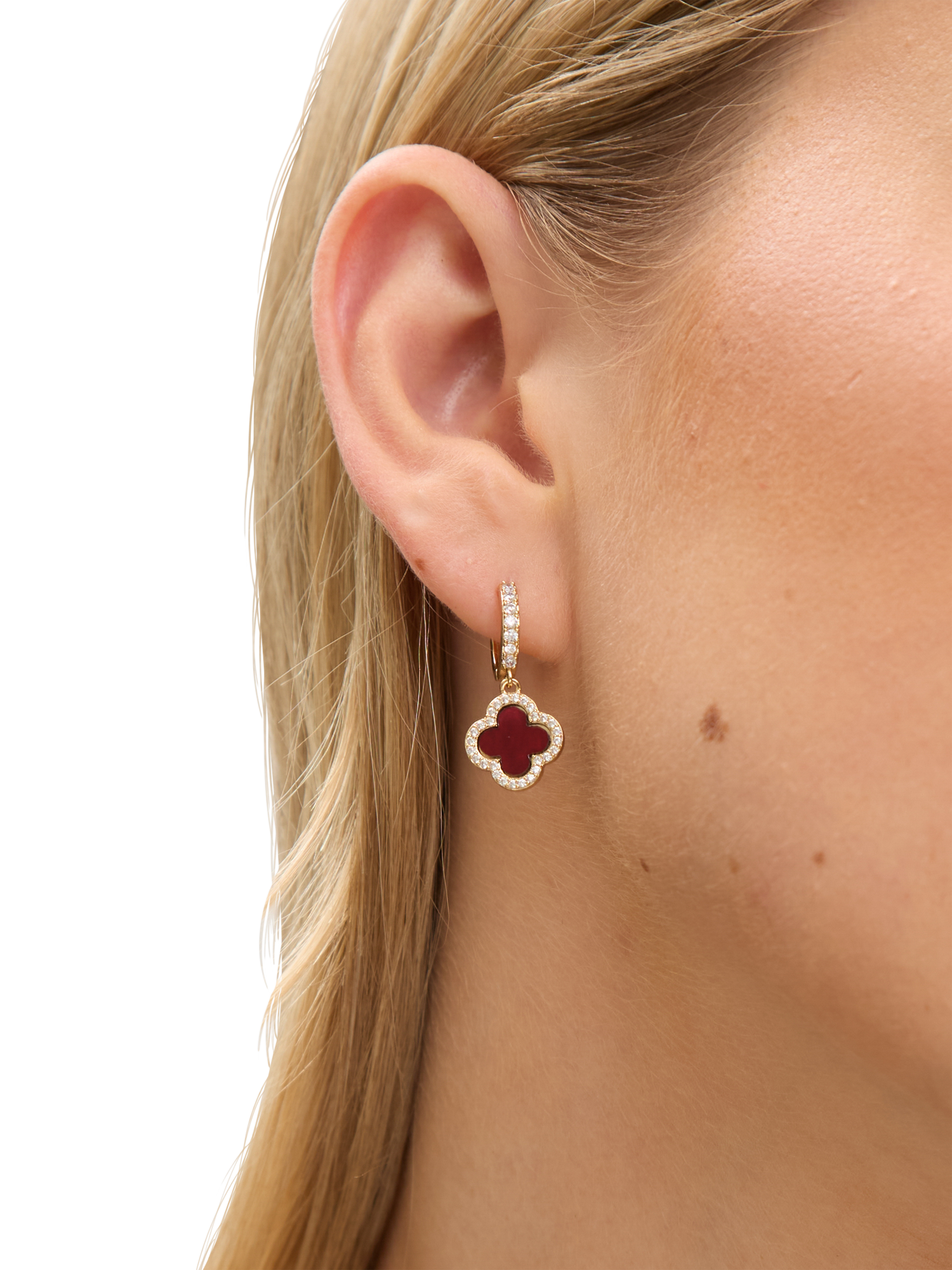 Product image 2 of 3, which shows Jon Richard Carnelian Clover Huggie Earrings, Gold