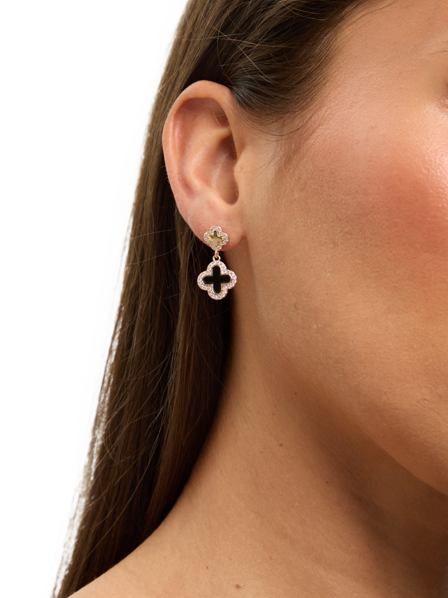 Product image 4 of 5, which shows Jon Richard Jet Enamel Clover Earrings, Gold