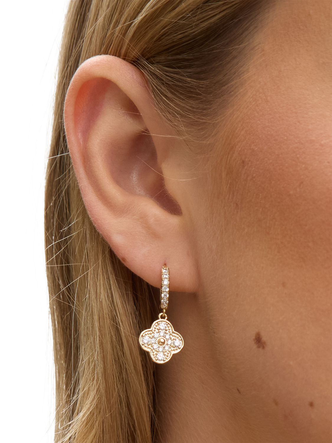 Product image 2 of 3, which shows Jon Richard Pave Clover Hoop Drop Earrings, Gold