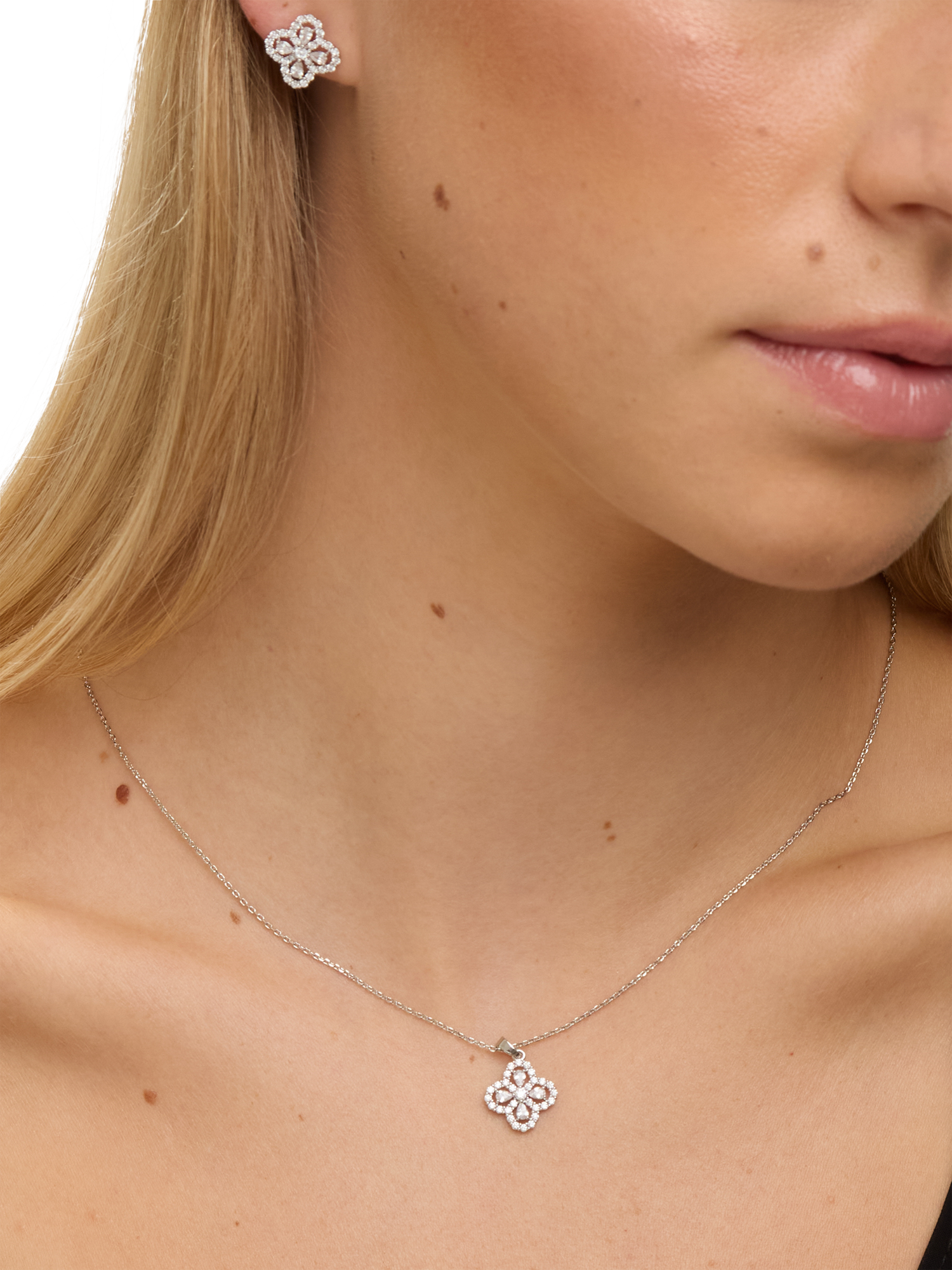 Product image 5 of 5, which shows Jon Richard Cubic Zirconia Clover Stud Earrings, Silver