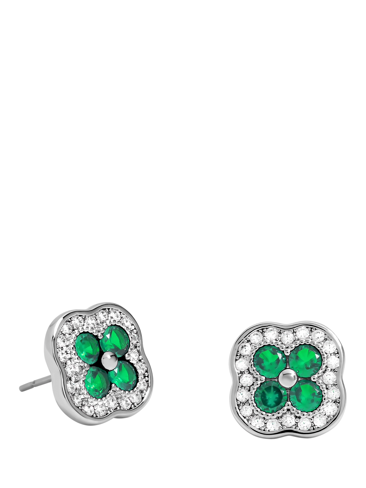 Product image 1 of 3, which shows Jon Richard Crystal and Emerald Clover Studs Earrings, Silver