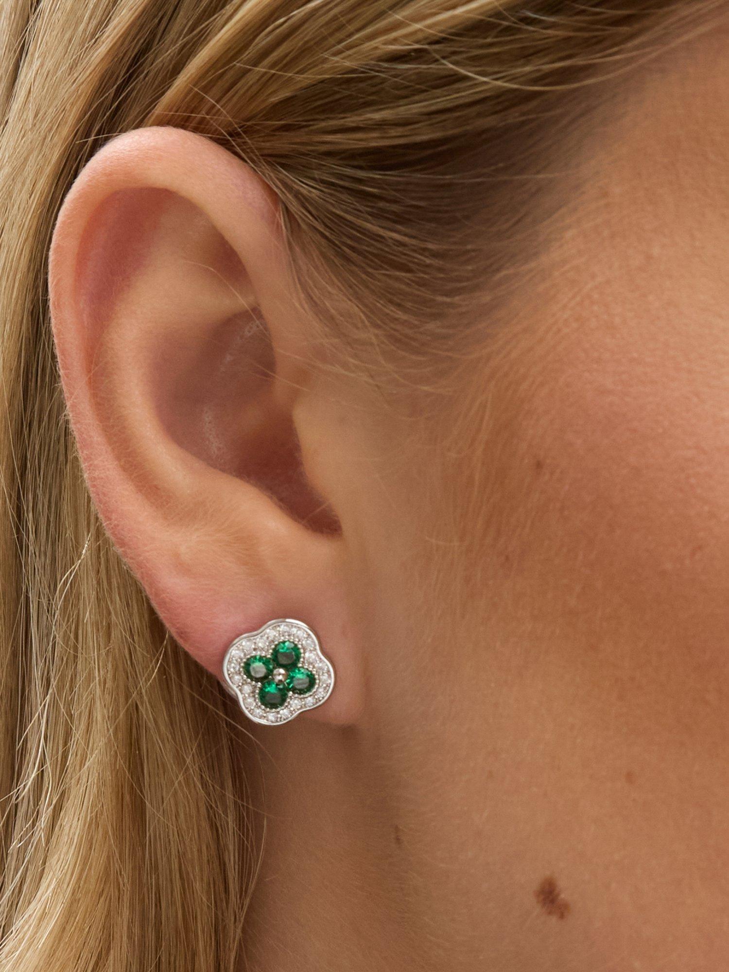 Product image 2 of 3, which shows Jon Richard Crystal and Emerald Clover Studs Earrings, Silver