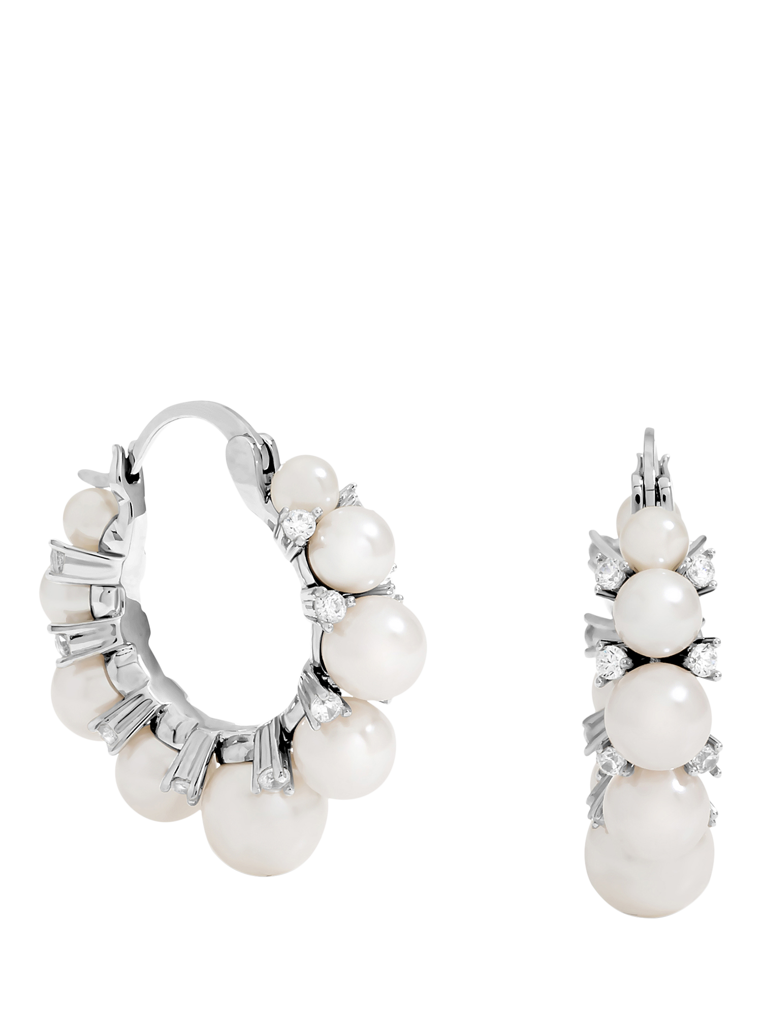 Product image 1 of 3, which shows Jon Richard Pearl and Crystal Hoop Earrings, Silver