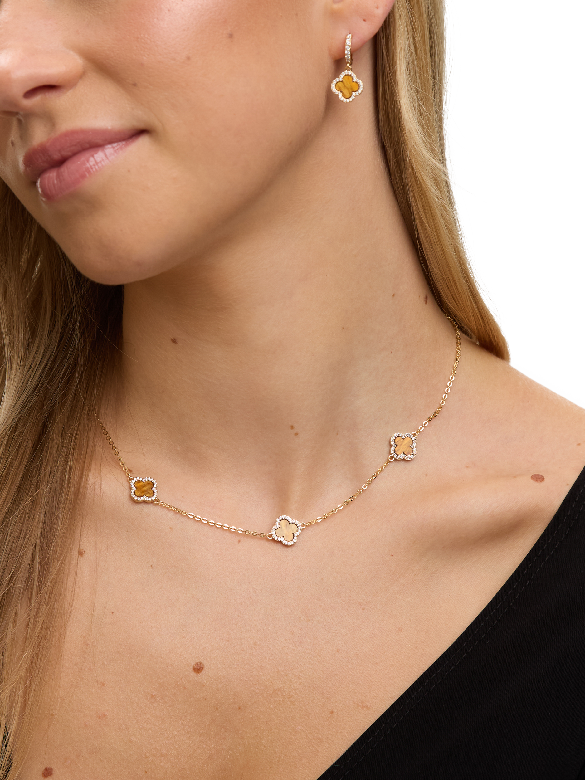 Product image 2 of 3, which shows Jon Richard Tigers Eye Station Clover Necklace, Gold
