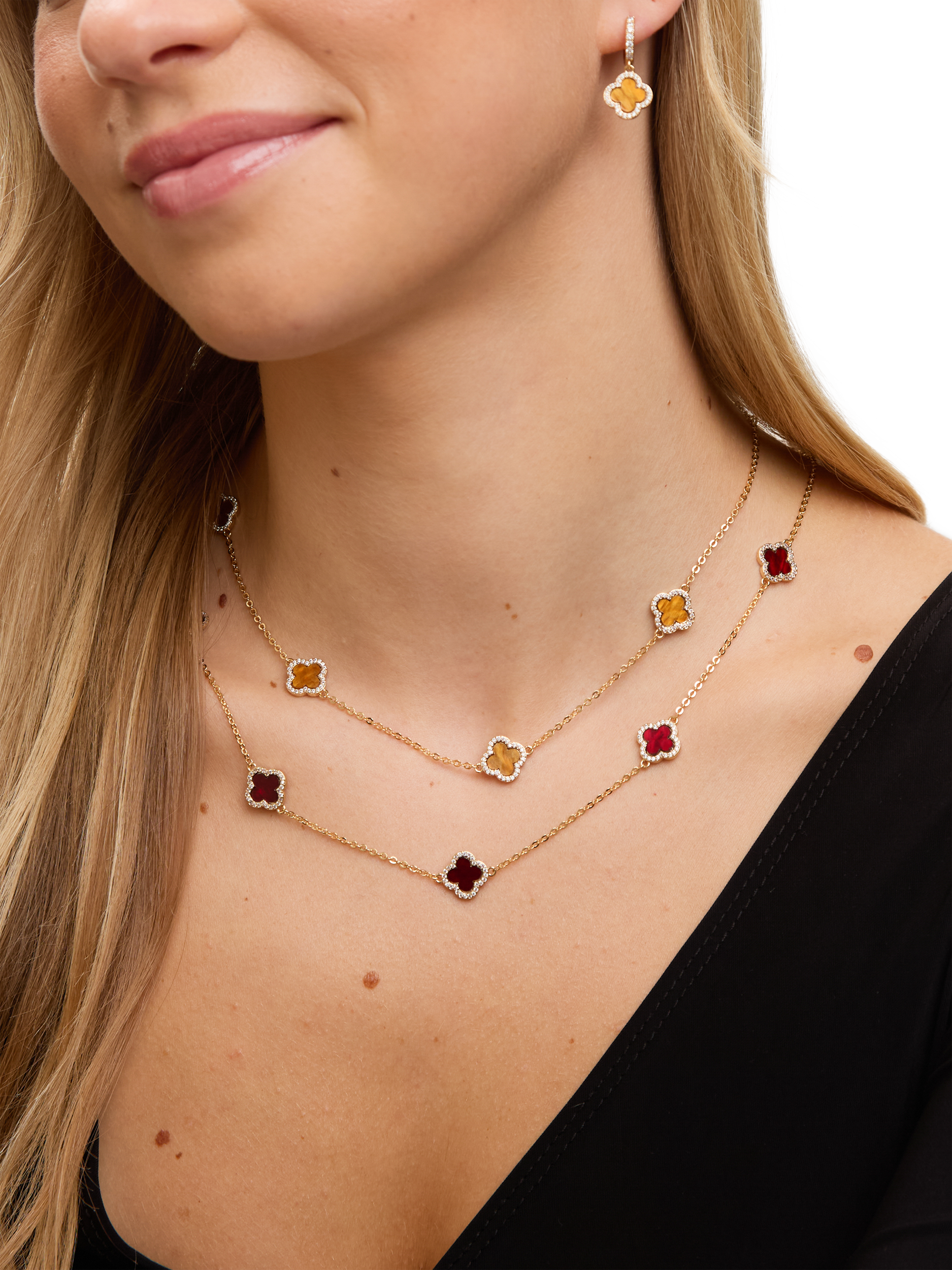 Product image 3 of 3, which shows Jon Richard Tigers Eye Station Clover Necklace, Gold