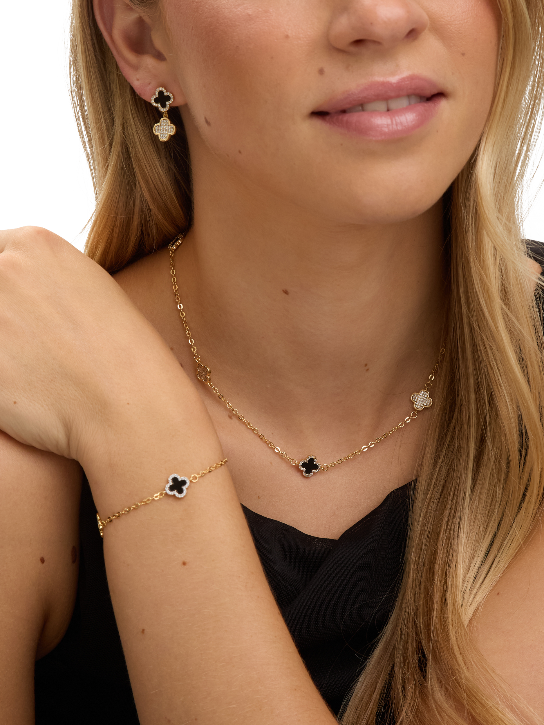 Product image 2 of 3, which shows Jon Richard Jet Crystal Clover Necklace, Gold