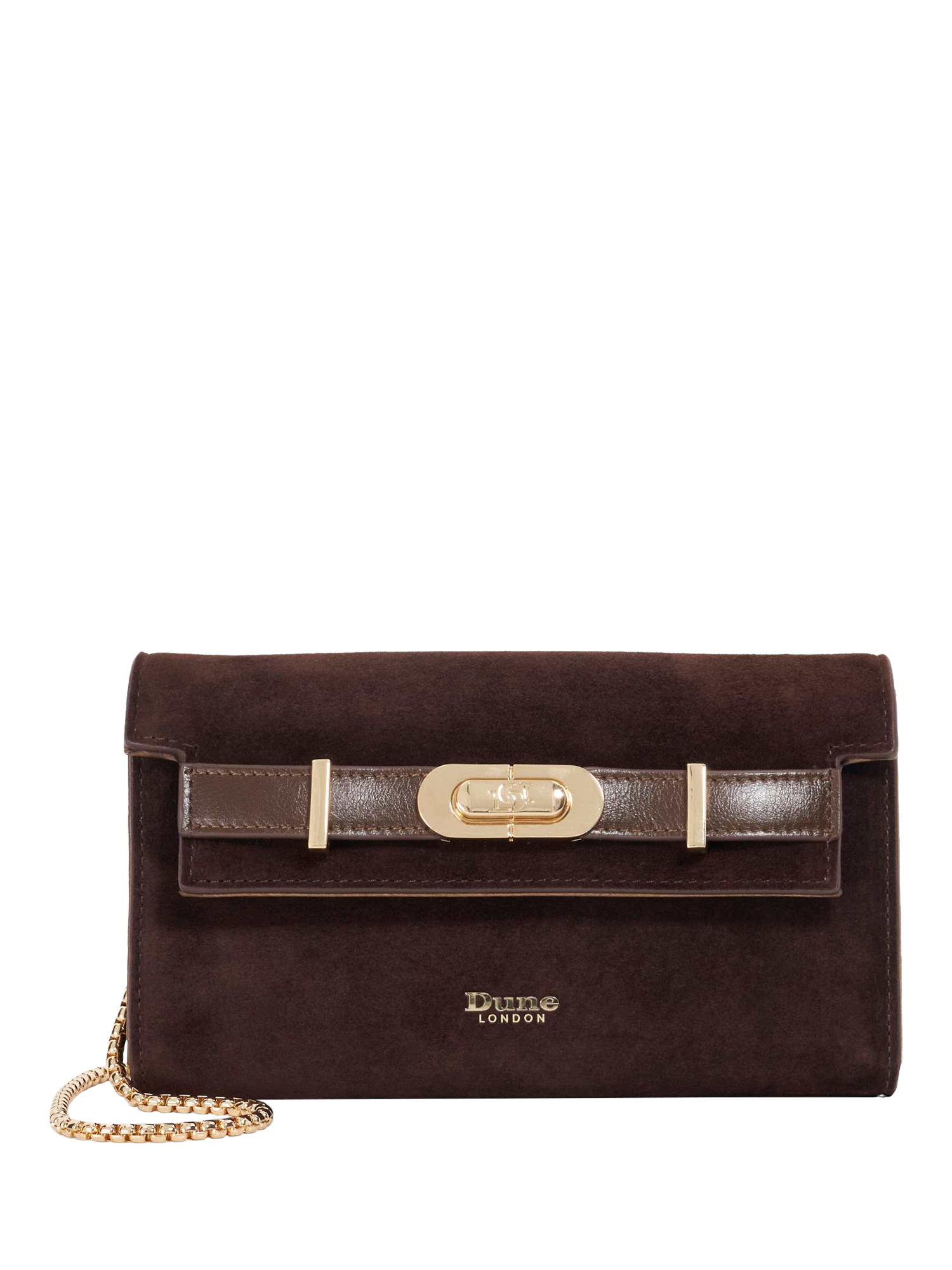 Product image 1 of 5, which shows Dune London Showmance Suede Crossbody Bag, Brown