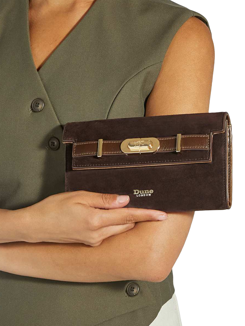Product image 2 of 5, which shows Dune London Showmance Suede Crossbody Bag, Brown