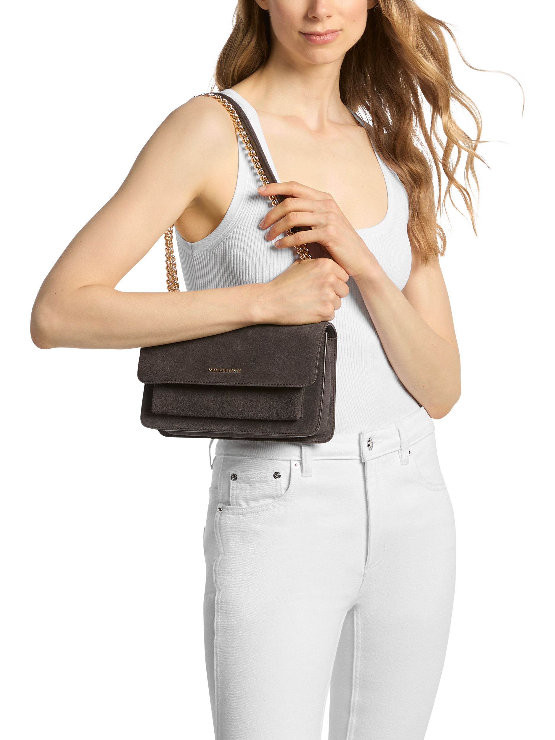 Product image 3 of 3, which shows Michael Kors Claire Suede Shoulder Bag, Chocolate