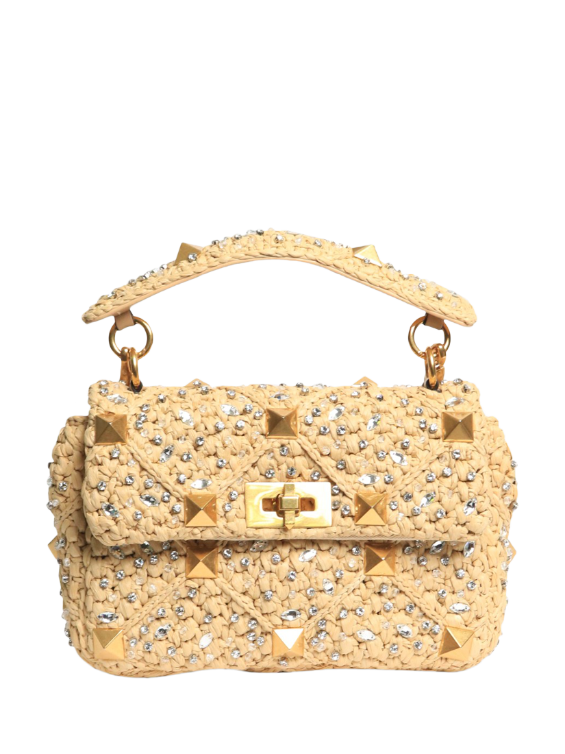Pre-loved Valentino Studded Rhinestone Raffia Cross Body Bag, Beige